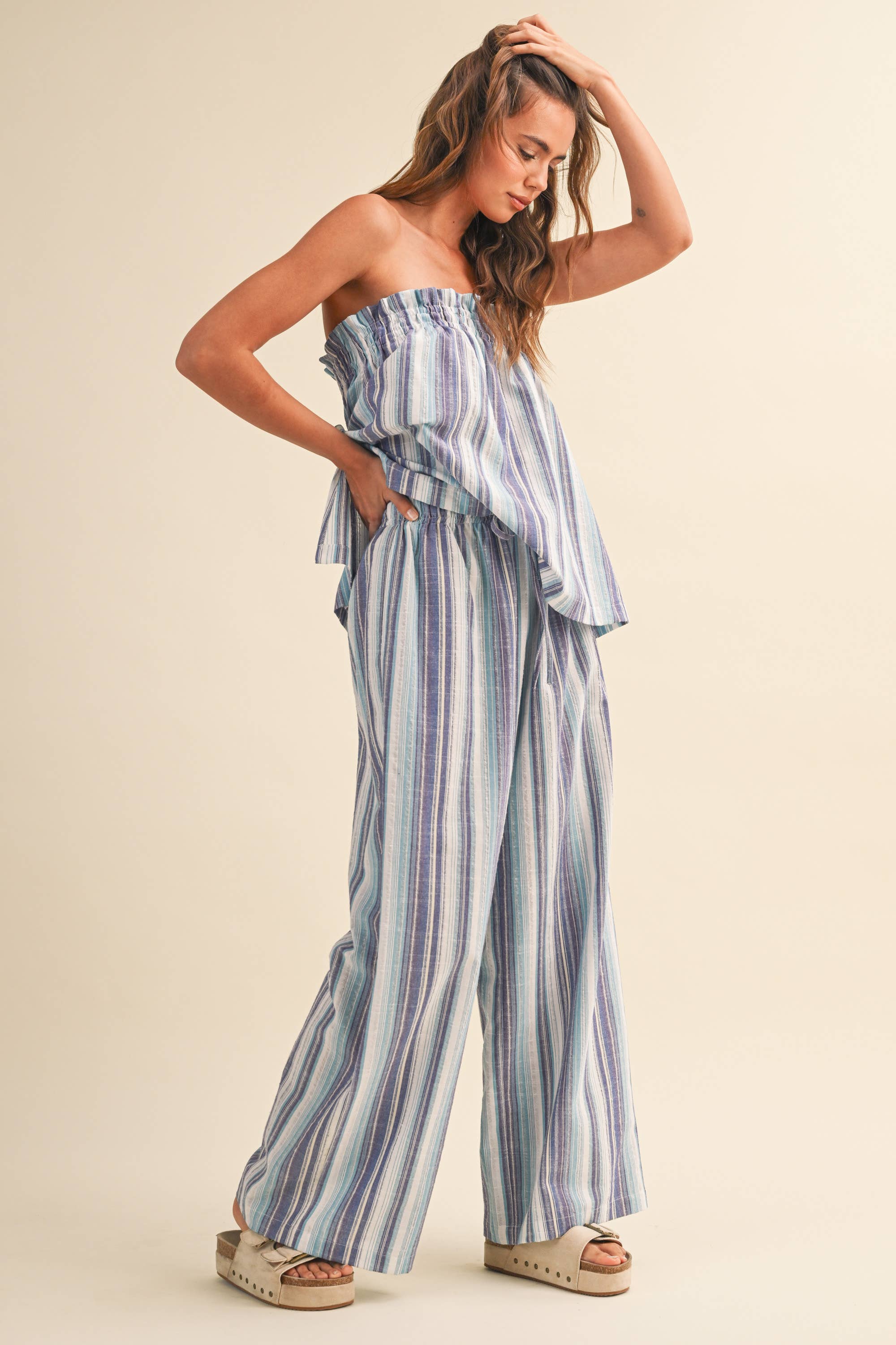 STRIPED RELAXED FIT TUBE TOP AND WIDE LEG PANTS SET
