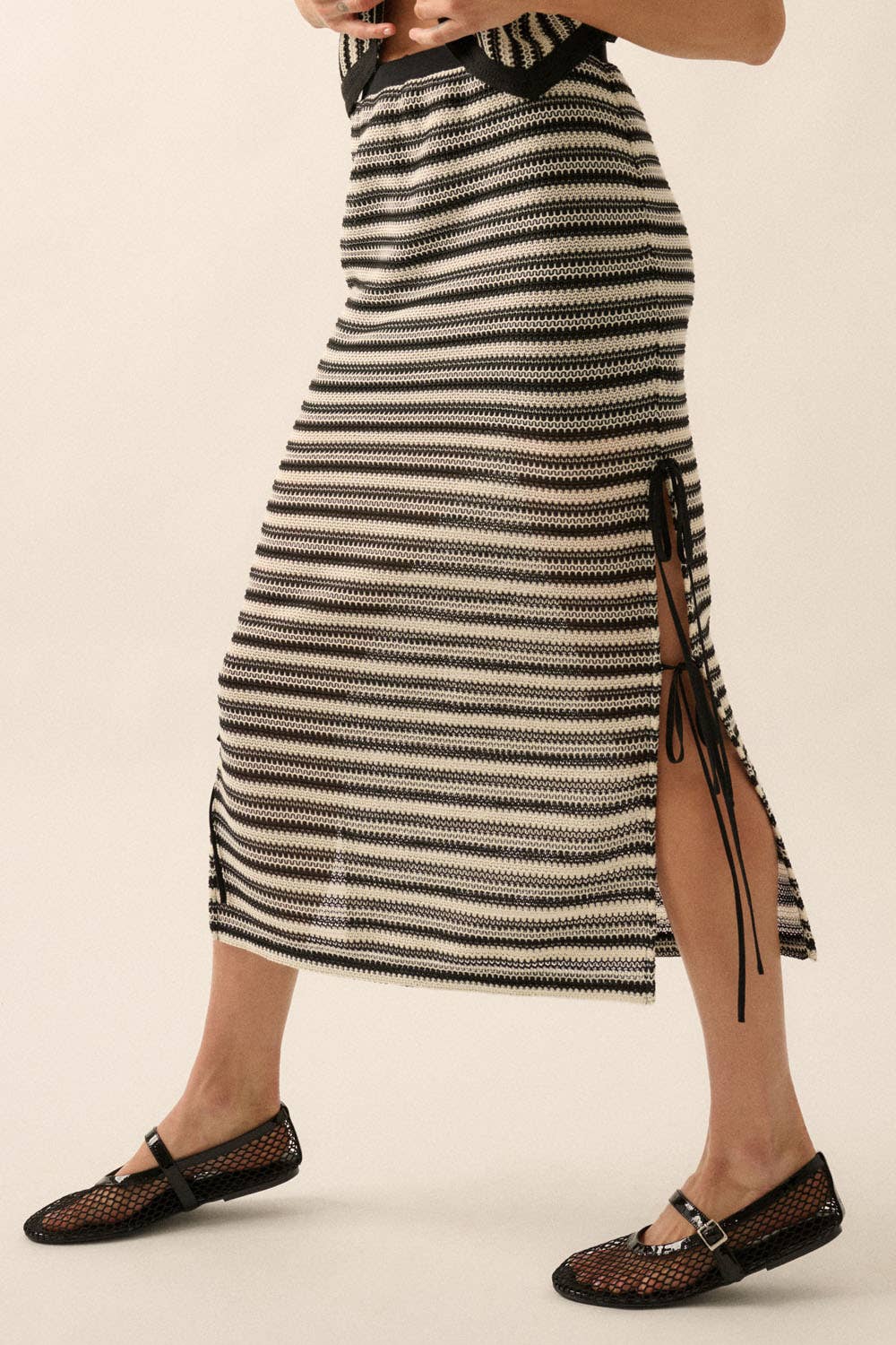 Striped Crochet-Knit Side-Tie Midi Skirt