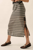Striped Crochet-Knit Side-Tie Midi Skirt