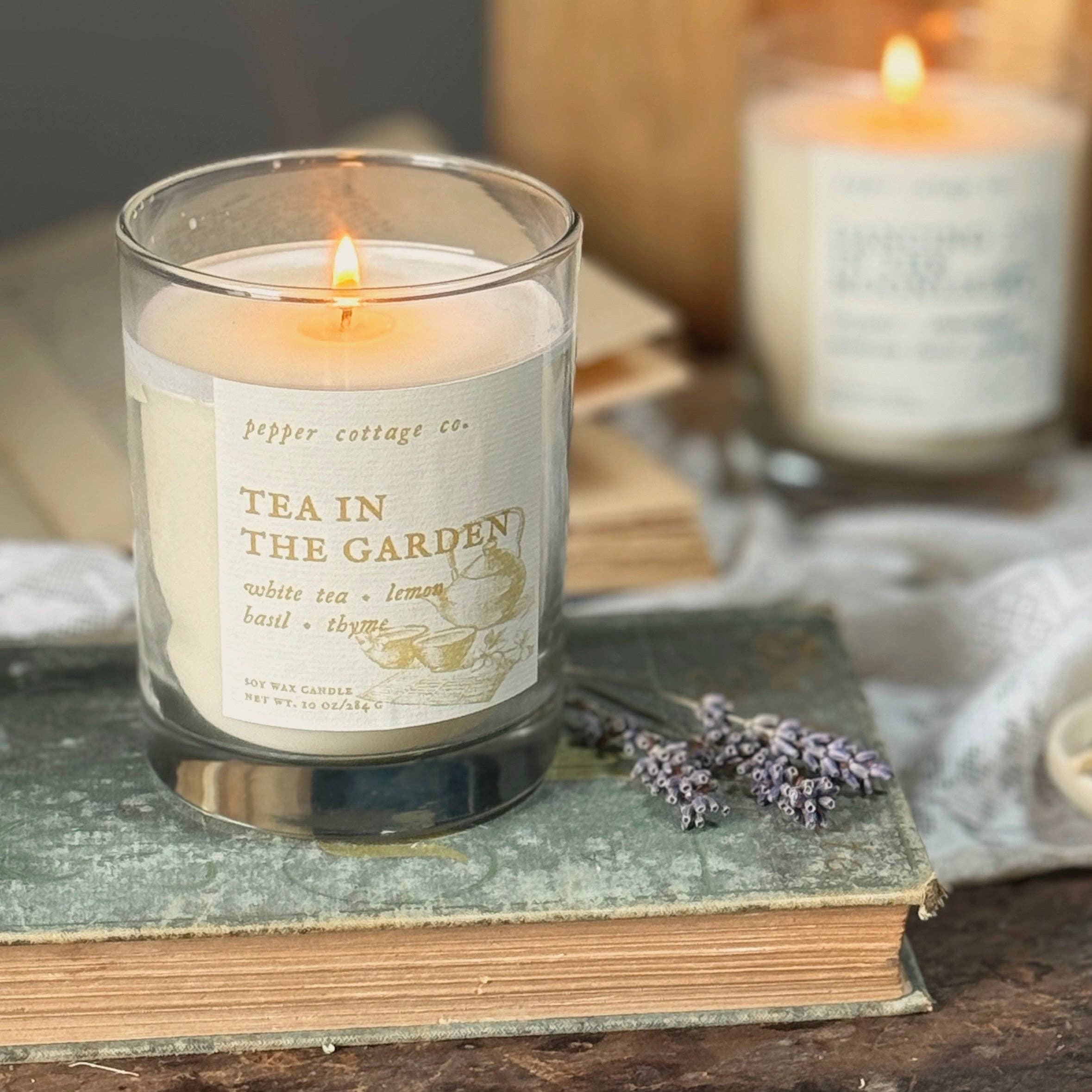 Tea in the Garden 10 oz Soy Candle Jar | White Tea, Lemon, Basil, Thyme | Clean, Herbal, Calming Scented Candle