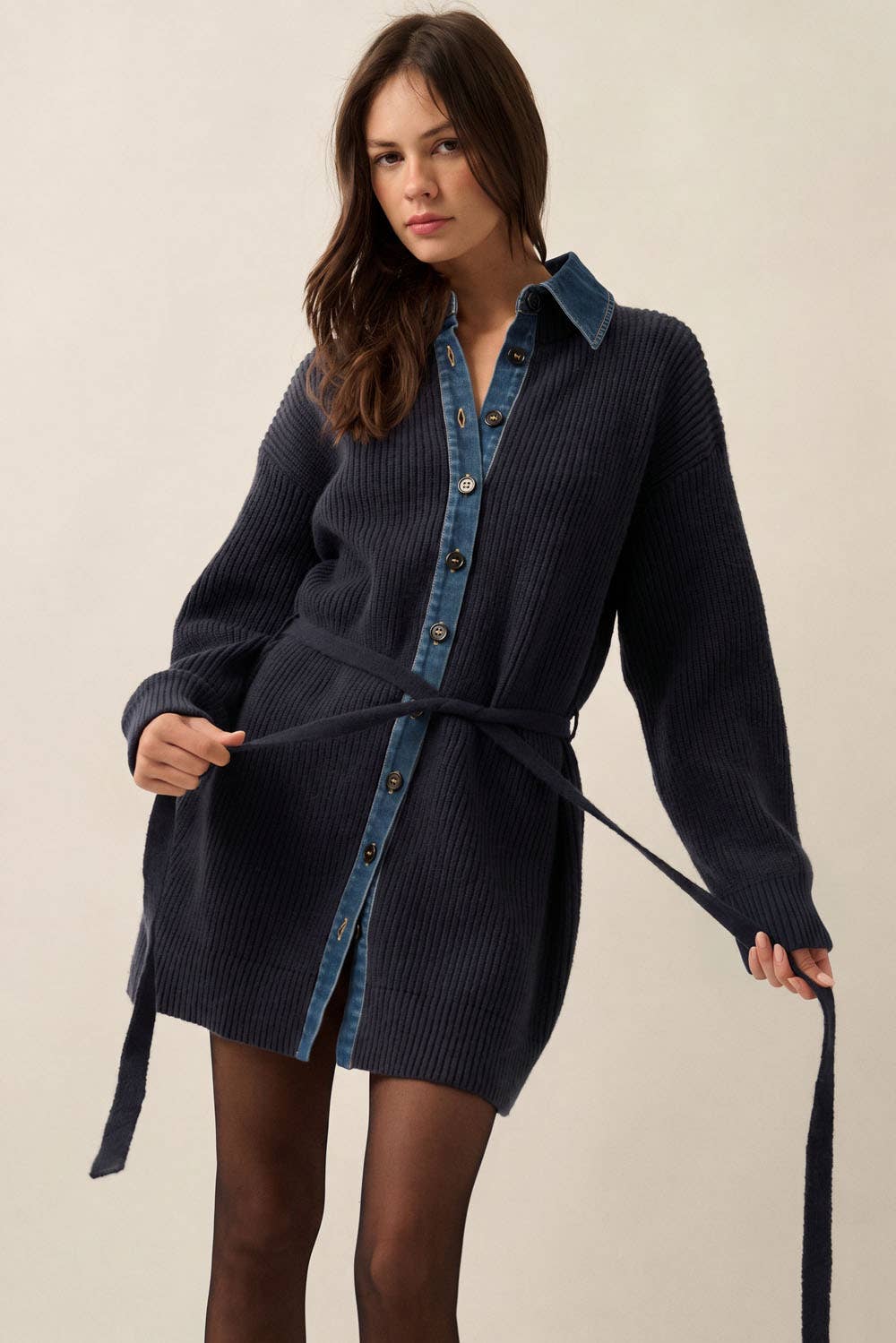 Collared Buttoned Mini Sweater Dress