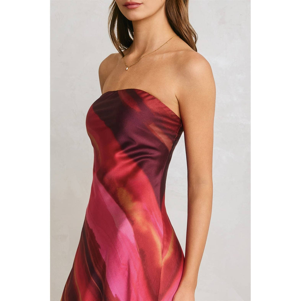 Watercolor Stripe Satin Strapless Bias Cut Maxi Dress