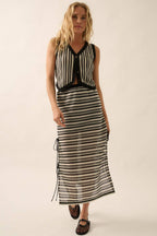 Striped Crochet-Knit Side-Tie Midi Skirt
