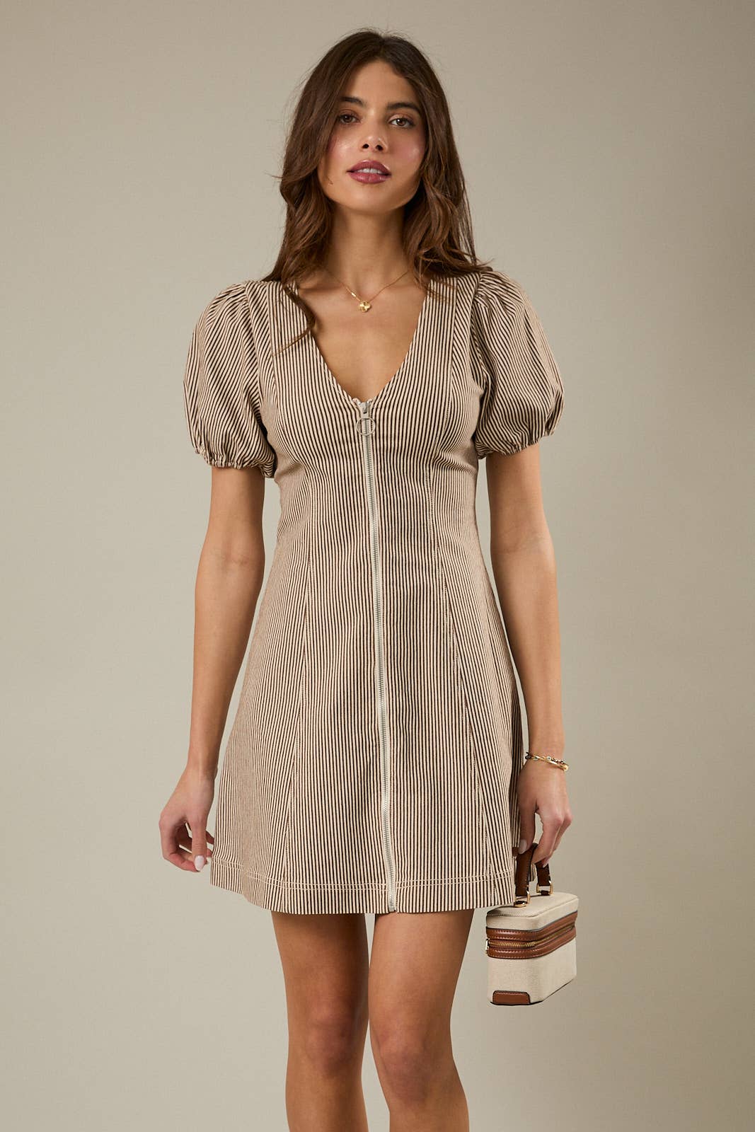 PUFF SLEEVE ZIP FRONT STRIPED DENIM MINI DRESS