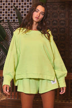 Lime Green Raw Edge Detail Hi-Low Hem Solid Terry Top