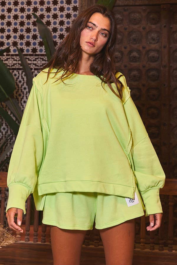 Lime Green Raw Edge Detail Hi-Low Hem Solid Terry Top