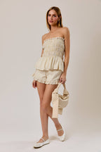 STRAPLESS STRIPE SMOCKED RUFFLED TOP