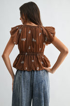 EMBROIDERED TIE-WAIST CROP TOP