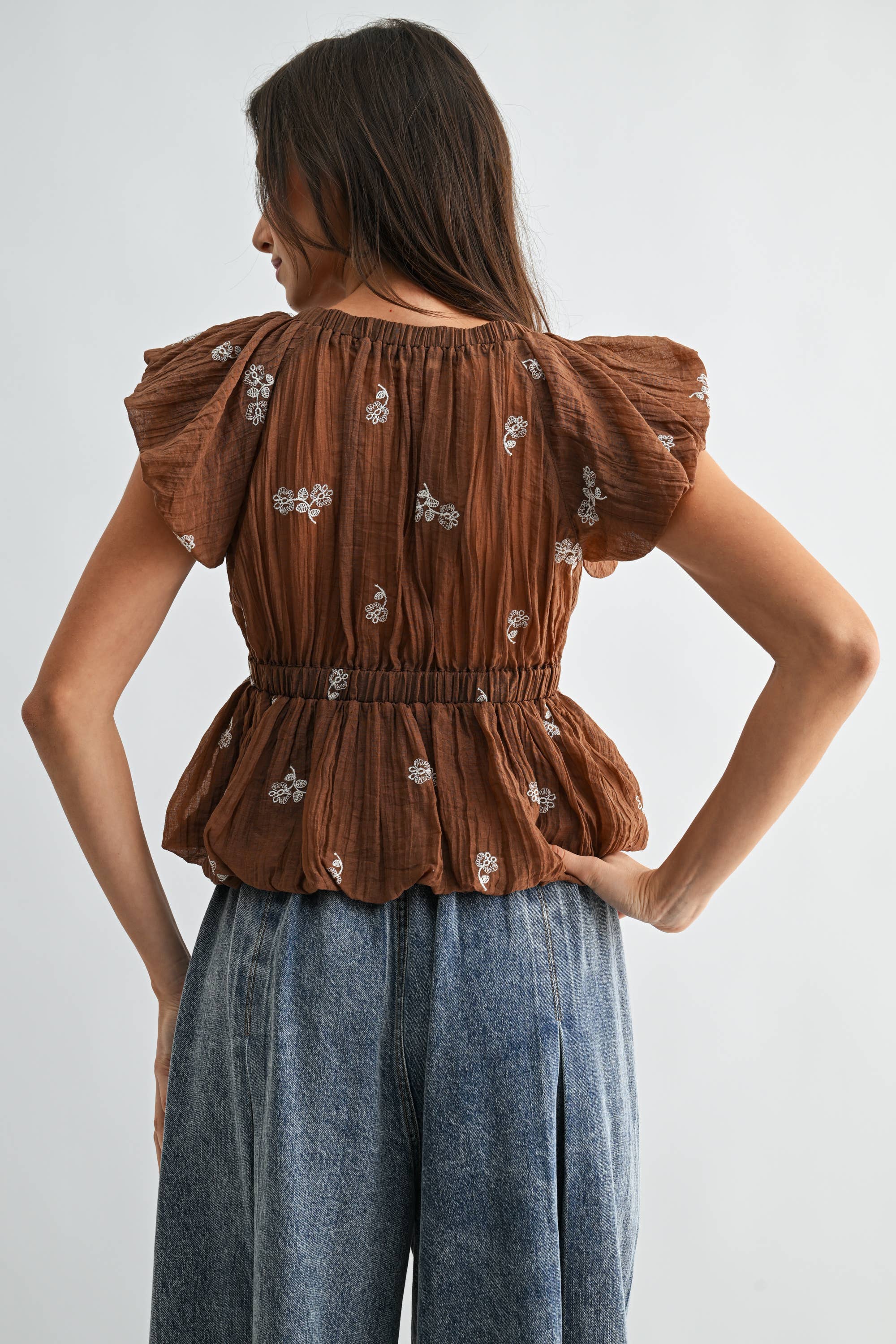 EMBROIDERED TIE-WAIST CROP TOP