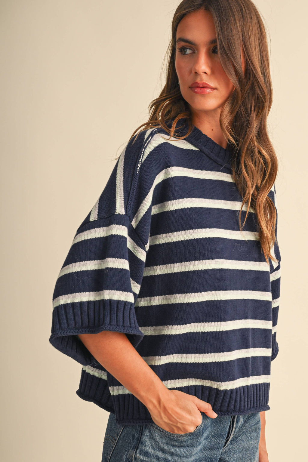 STRIPED HALF SLEEVE SWEATER RELAXED FIT CROPPED TOP