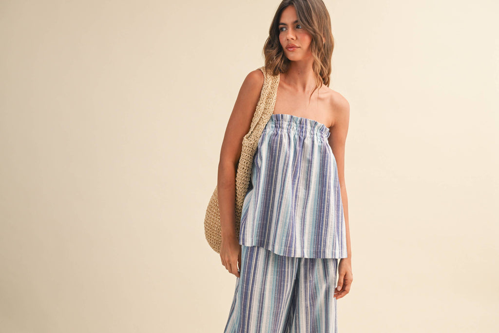 STRIPED RELAXED FIT TUBE TOP AND WIDE LEG PANTS SET