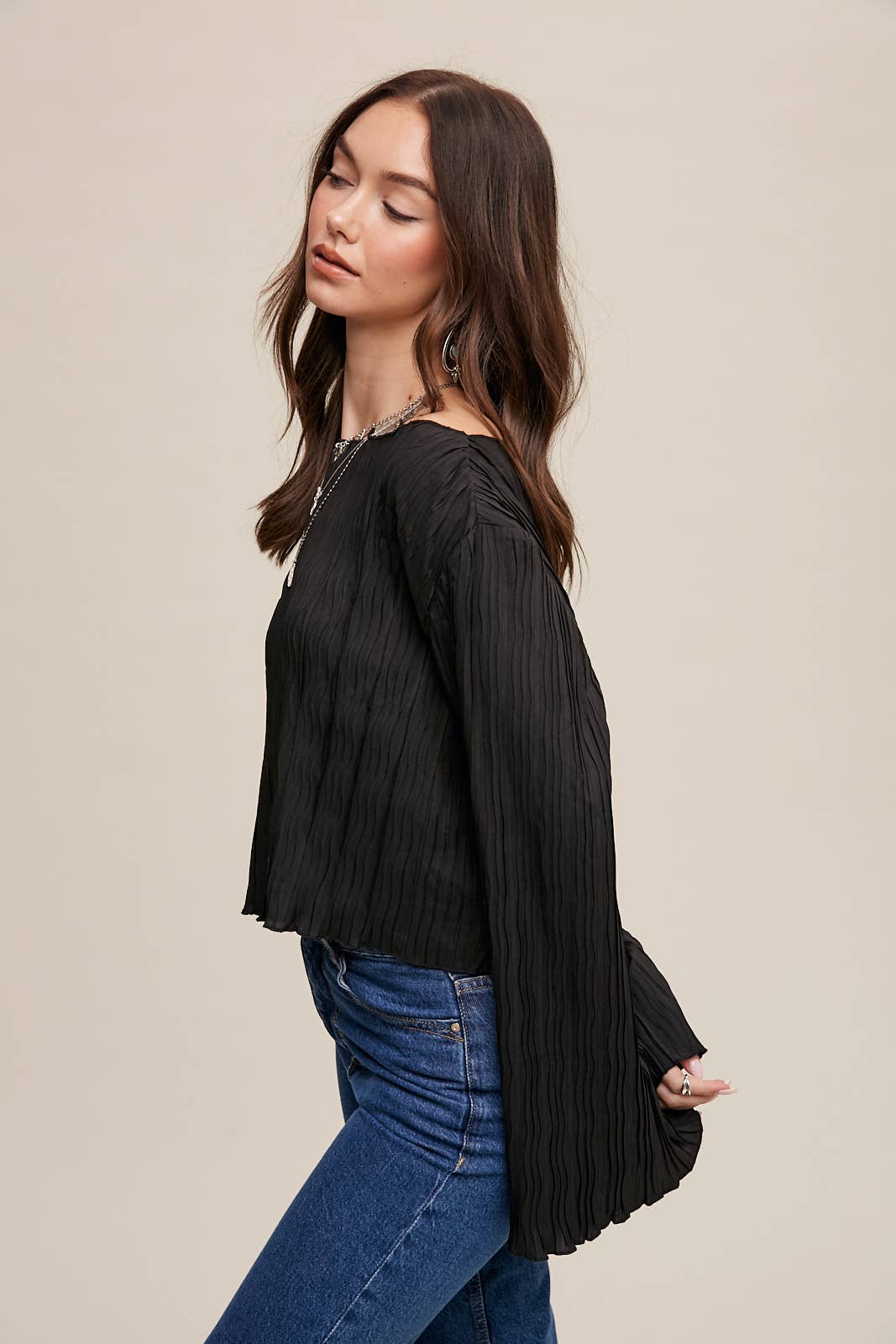 Pleated Open Back Tie Blouse: Black