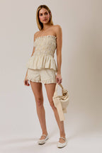 HIGH RISE STRIPE RUFFLED HEM SHORTS