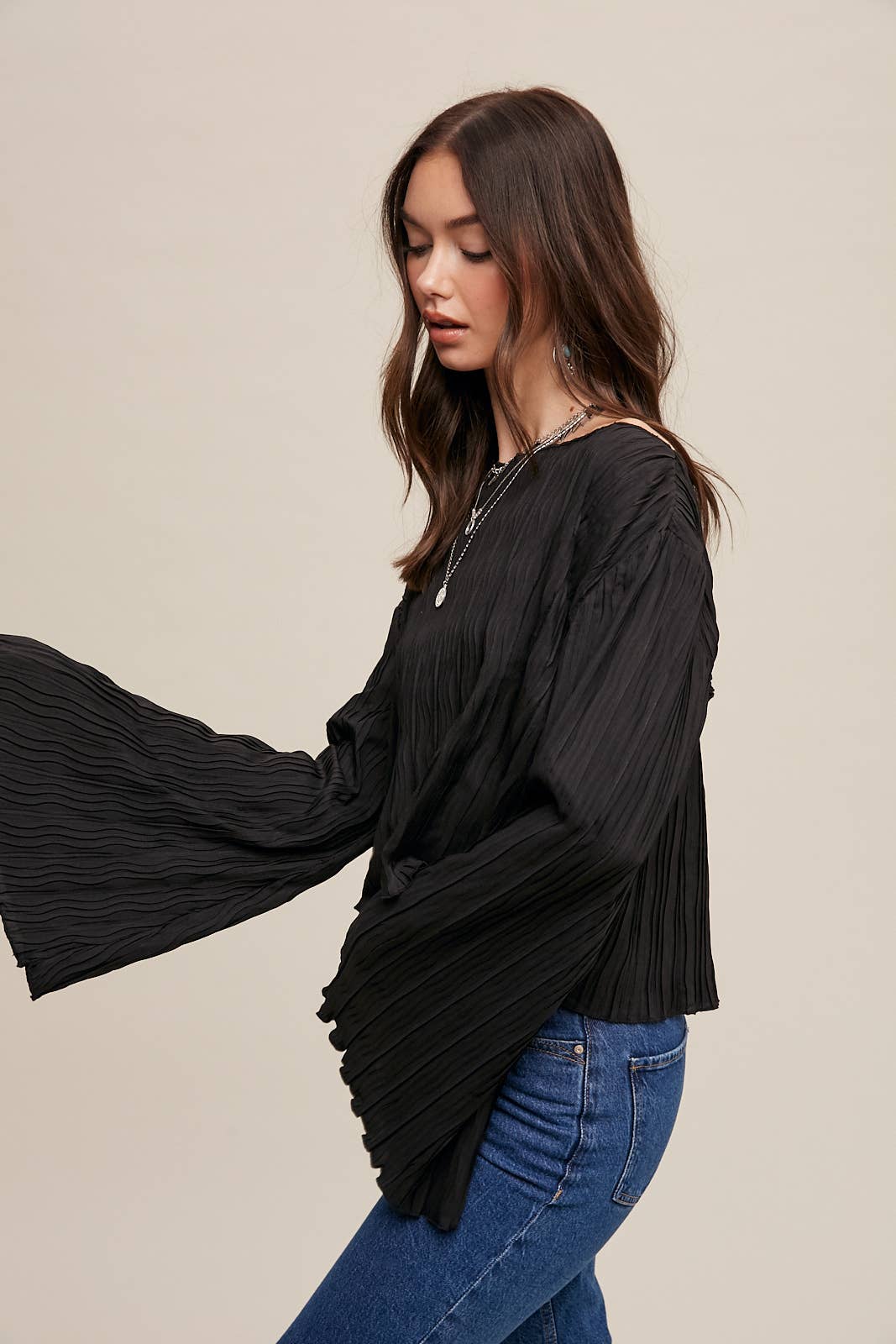 Pleated Open Back Tie Blouse: Black