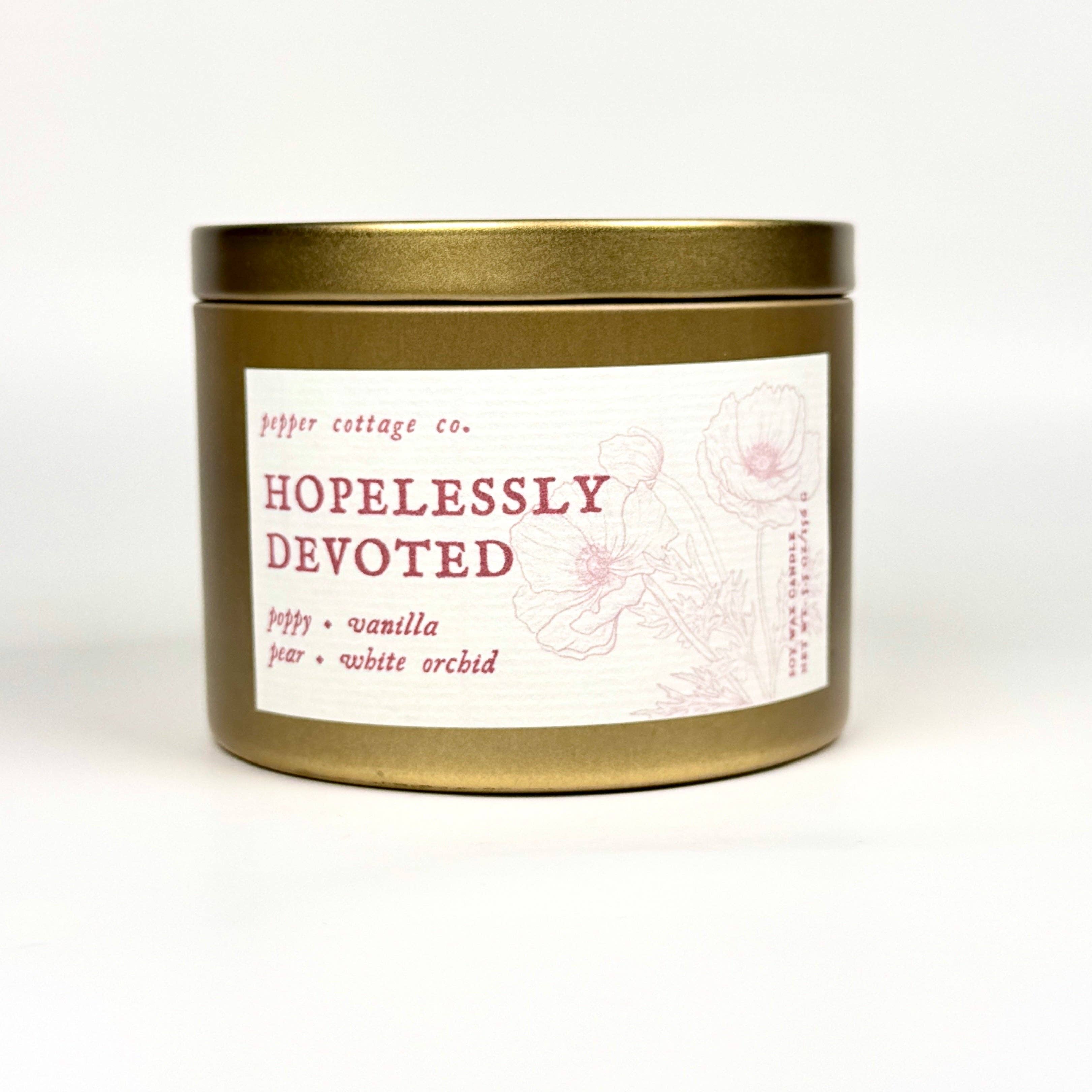 Hopelessly Devoted 5.5 oz Candle Tin | Poppy, Pear, Orchid, Vanilla | Feminine Floral Clean Soy Candle