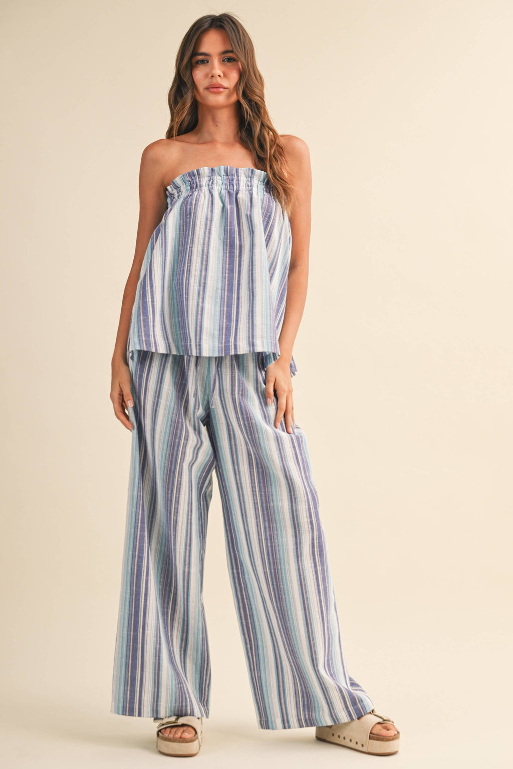 STRIPED RELAXED FIT TUBE TOP AND WIDE LEG PANTS SET