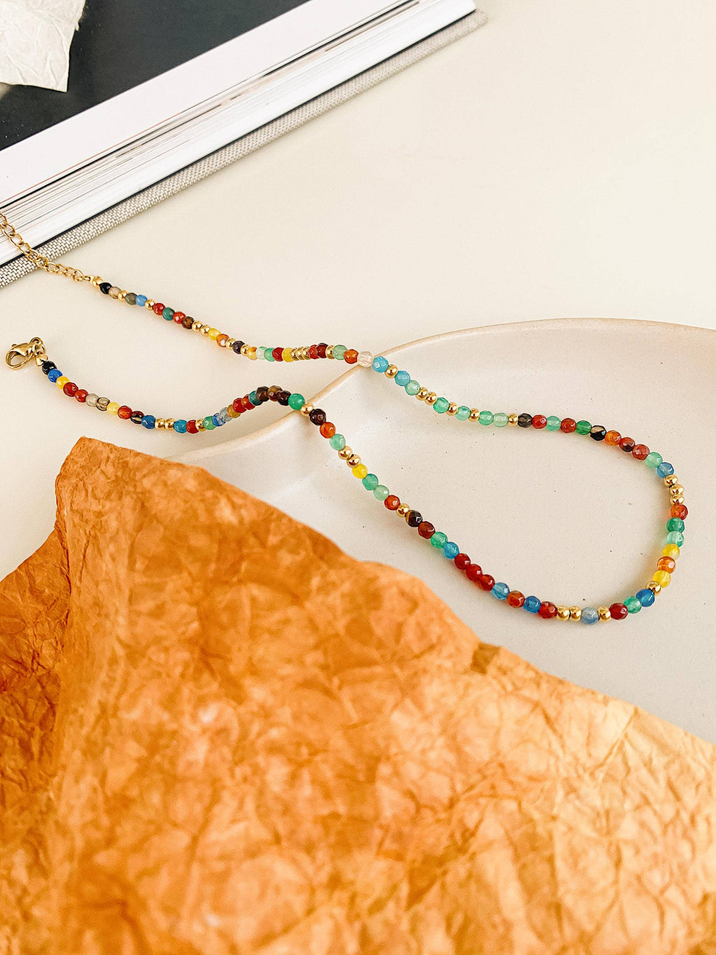 Estelle 18K Gold Non-Tarnish Beaded Multi Color Necklace: Multi-Colored