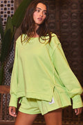 Lime Green Raw Edge Detail Hi-Low Hem Solid Terry Top