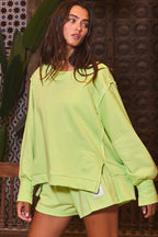 Lime Green Raw Edge Detail Hi-Low Hem Solid Terry Top