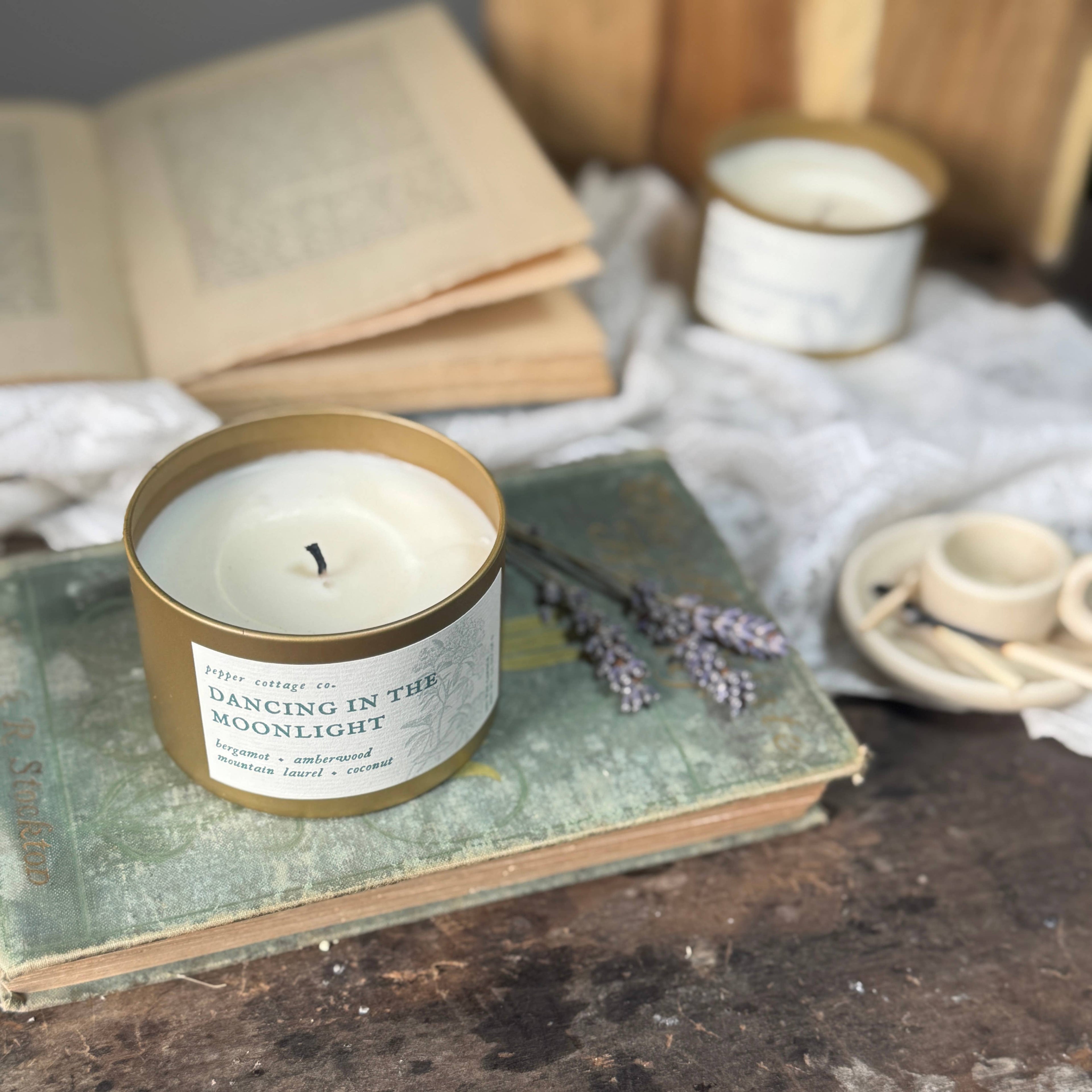 Dancing in the Moonlight 5.5 oz Soy Candle Tin | Bergamot, Amberwood, Mountain Laurel, Coconut | Clean and Citrusy Scented Candle