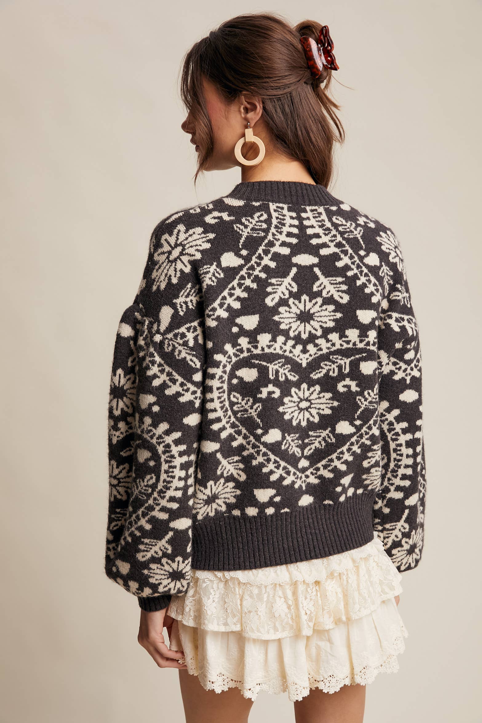 Heart Jacquard Knit Sweater: Charcoal