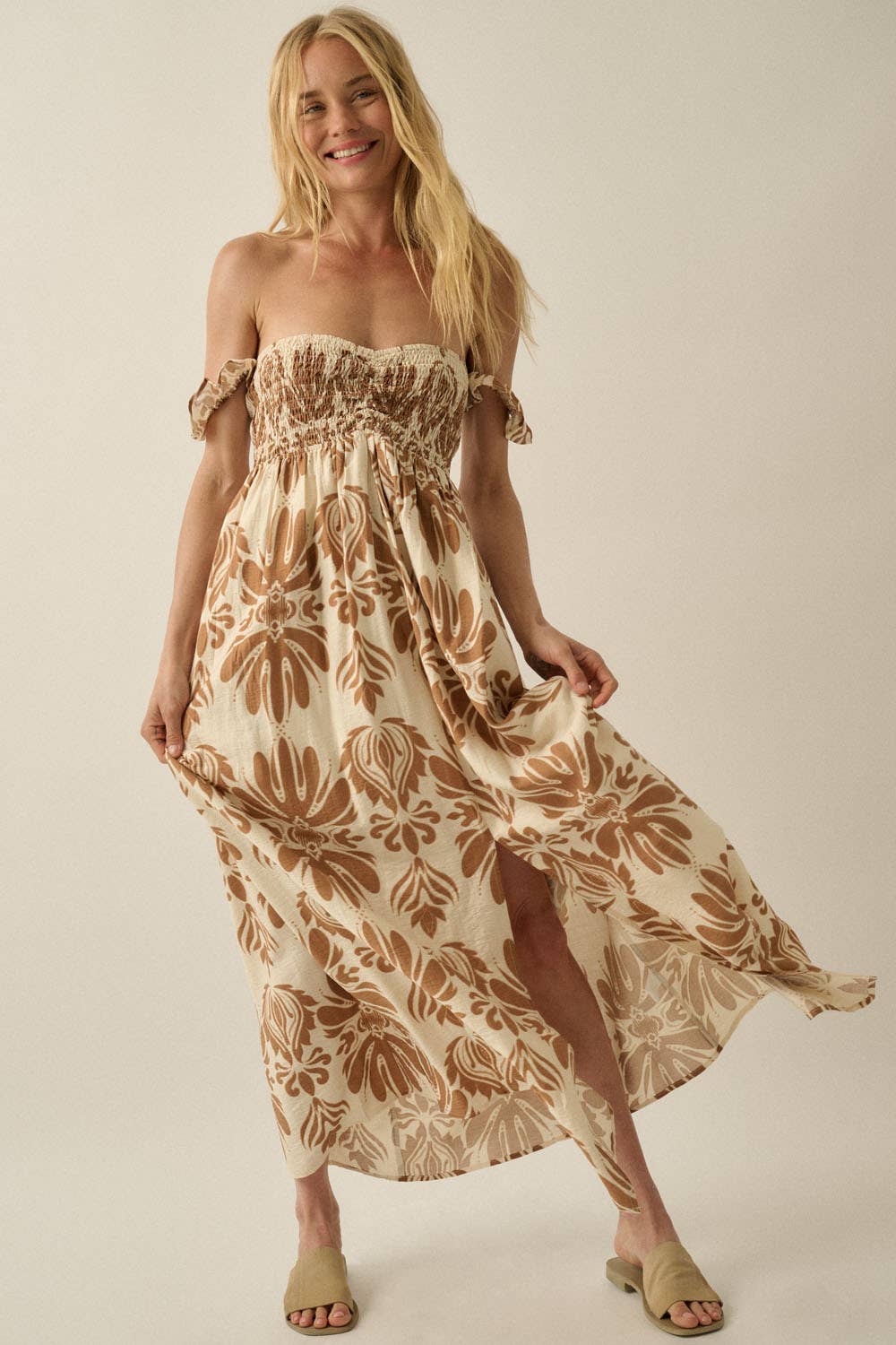 Ornate Floral-Print Smocked Off-Shoulder Maxi Dress