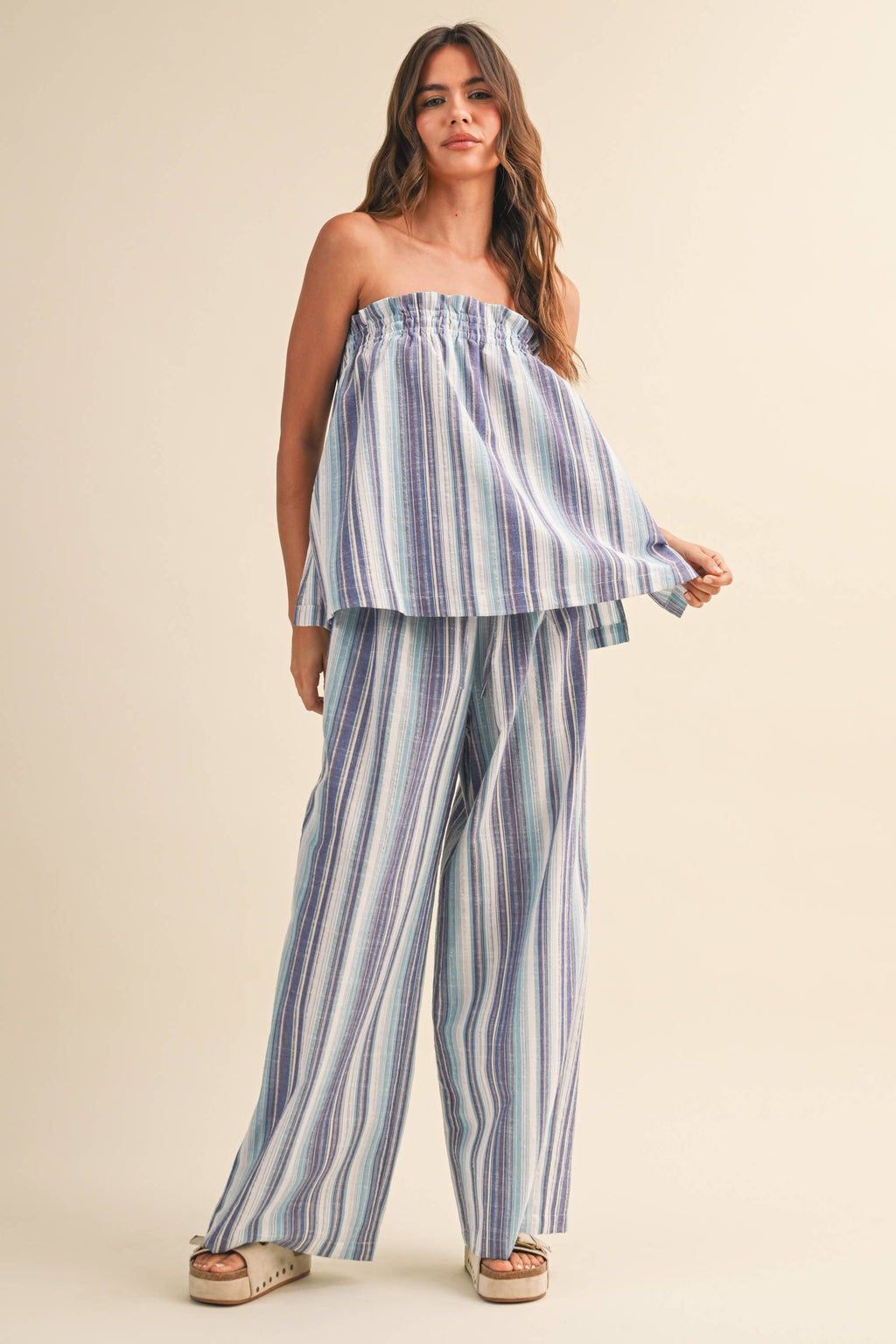 STRIPED RELAXED FIT TUBE TOP AND WIDE LEG PANTS SET