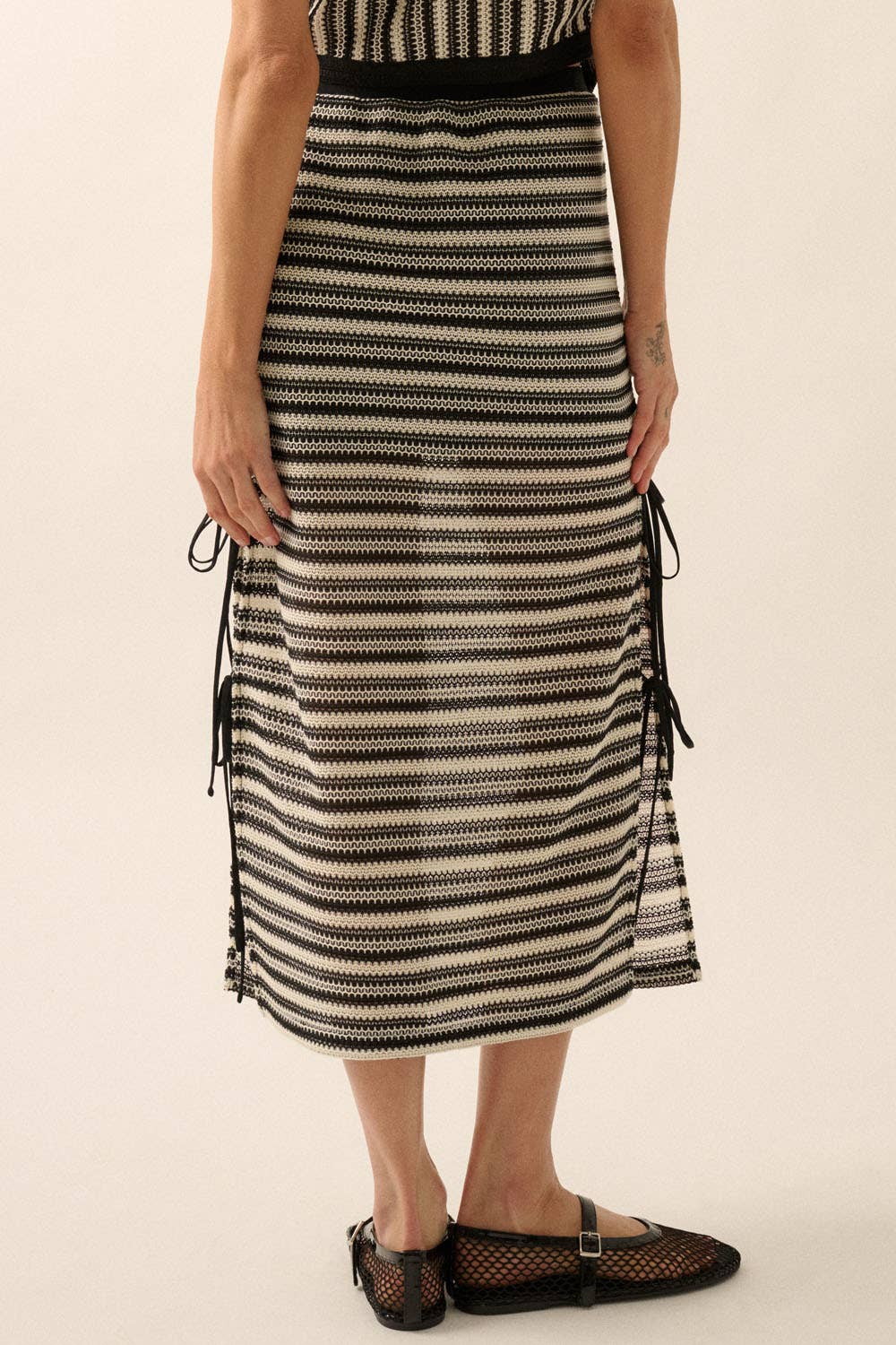 Striped Crochet-Knit Side-Tie Midi Skirt