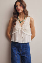 Lace Yoke Tie-Front Sleeveless Top