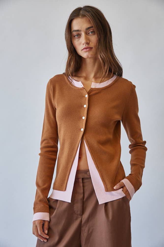Caramel/Rose Contrast Cardigan