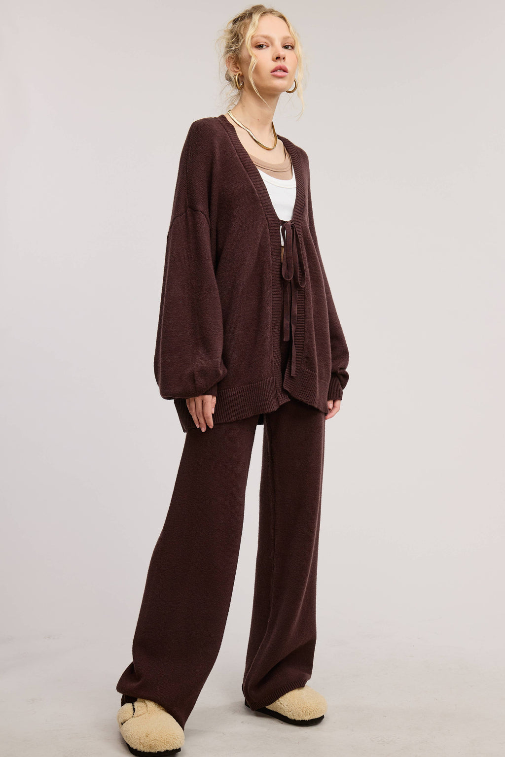 Tie Front Knit Cardigan and Pants Set