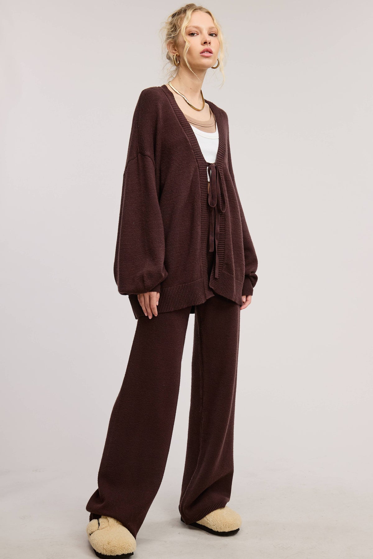 Tie Front Knit Cardigan and Pants Set