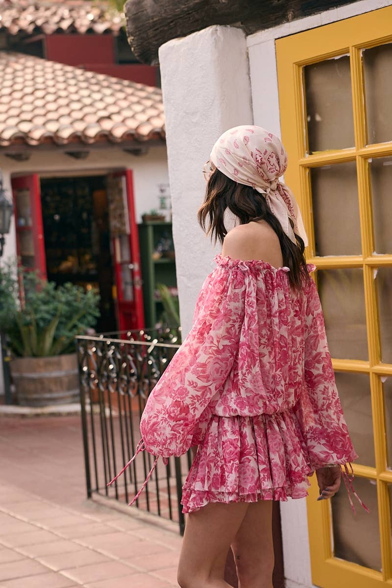 VIVID FLORAL OFF-SHOULDER TIE ACCENT MINI ROMPER DRESS