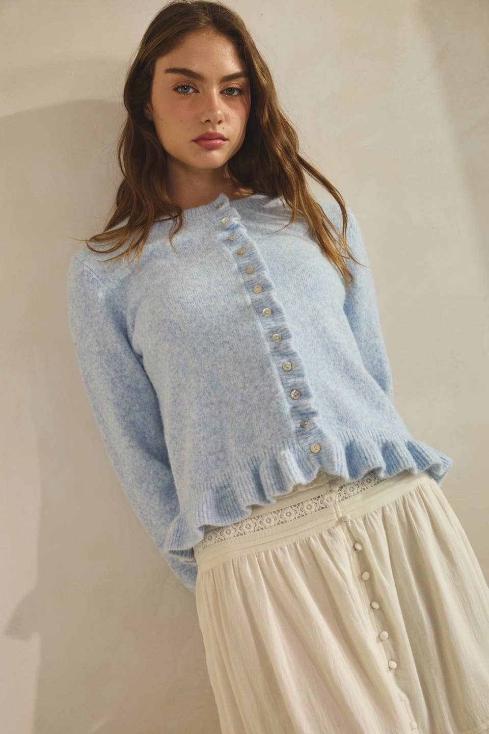 BABY BLUE-Ruffle Wave Button Knit Cardigan