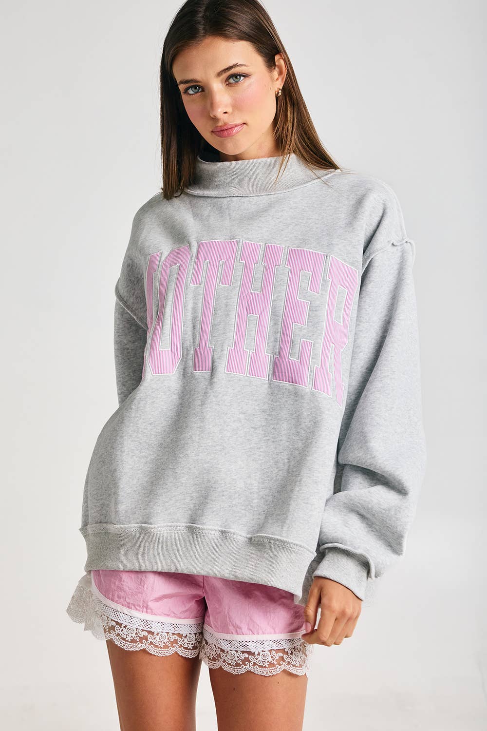 Embroidered "MOTHER" Mock Neck Sweatshirt
