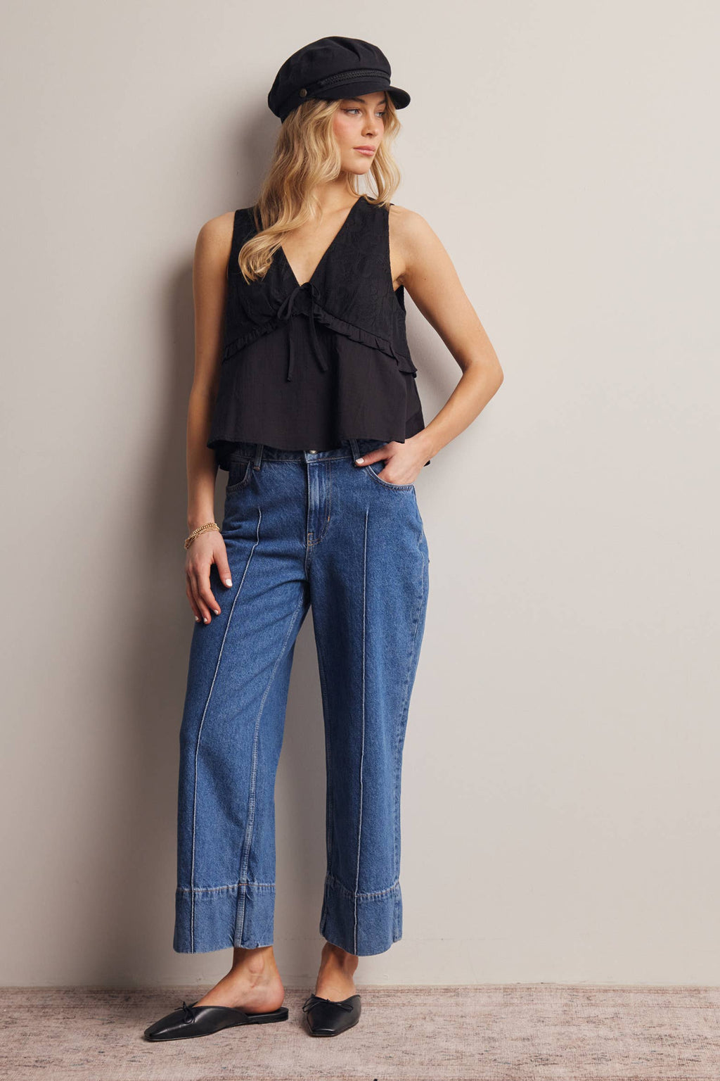 Lace Yoke Tie-Front Sleeveless Top