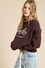 Lucky Graphic Crewneck Knit Sweater: Chocolate