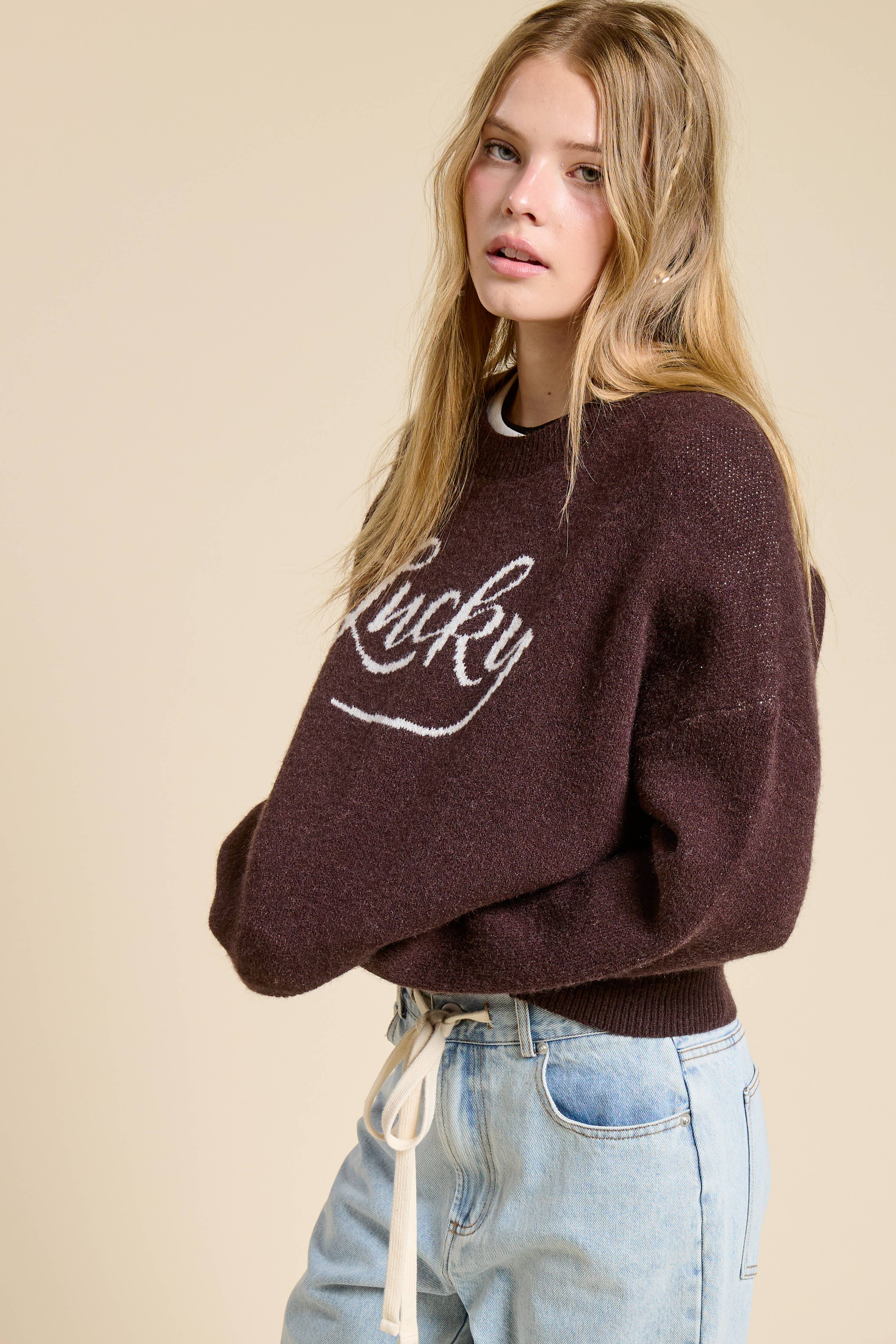 Lucky Graphic Crewneck Knit Sweater: Chocolate