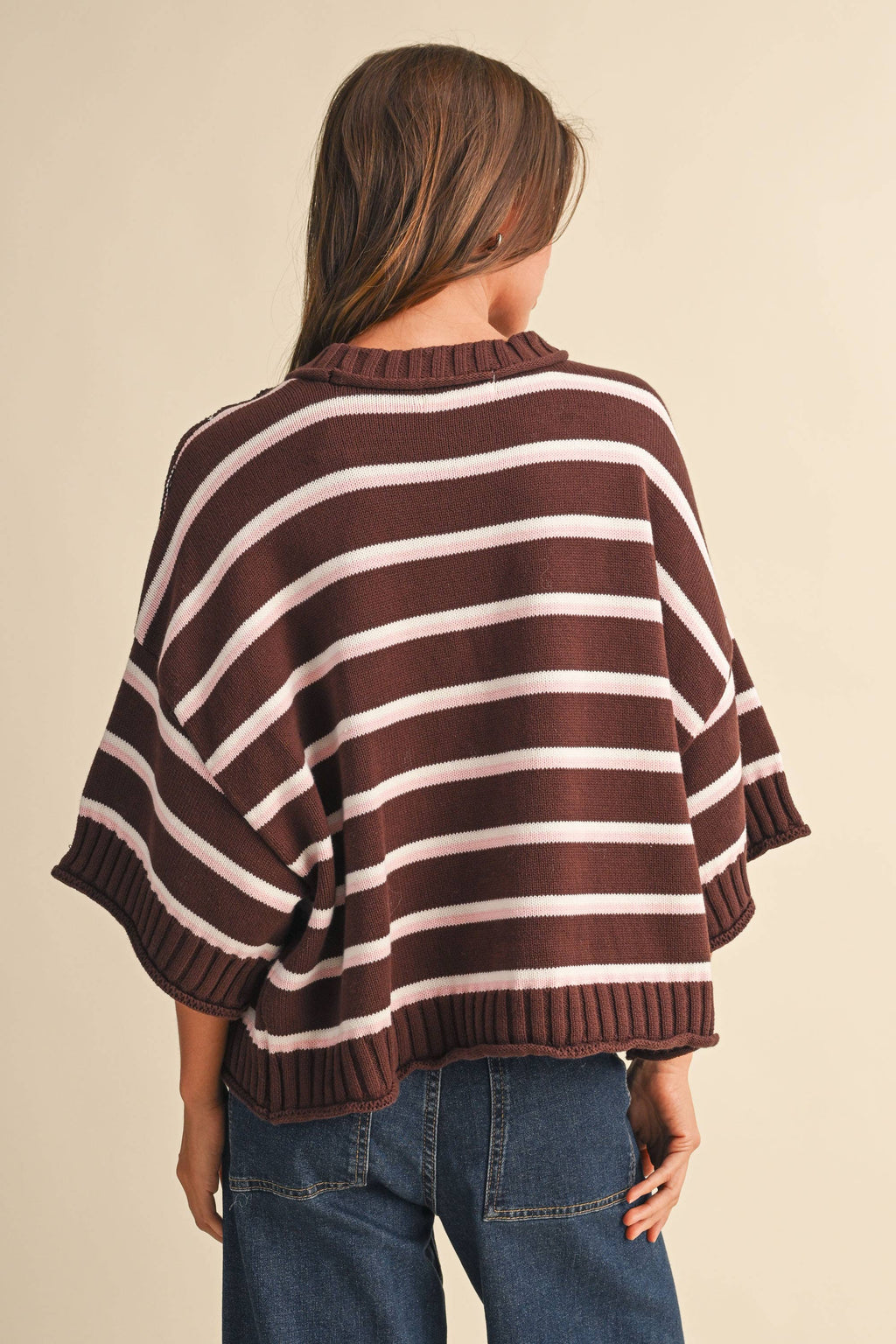 STRIPED HALF SLEEVE SWEATER RELAXED FIT CROPPED TOP