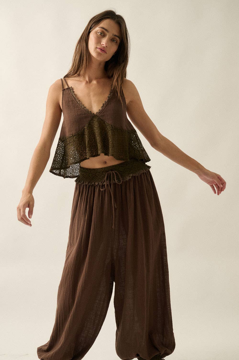 Cotton Gauze and Crochet Lace Ruffle Babydoll Tank Top