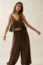 Cotton Gauze and Crochet Lace Ruffle Babydoll Tank Top