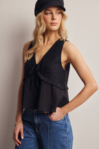 Lace Yoke Tie-Front Sleeveless Top