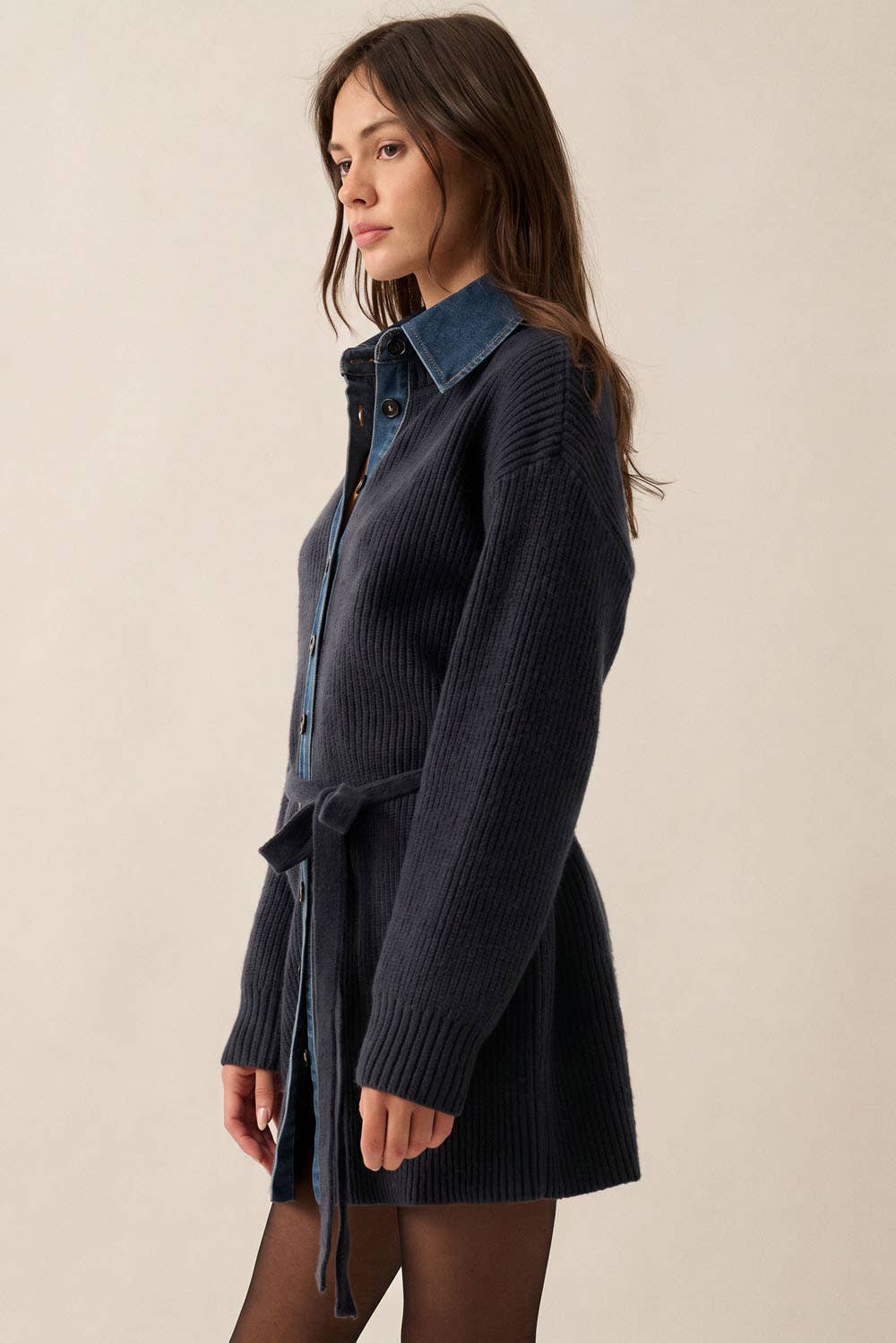 Collared Buttoned Mini Sweater Dress