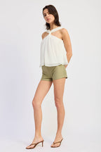 CRINKLE LINEN TOP WITH FRONT TIE