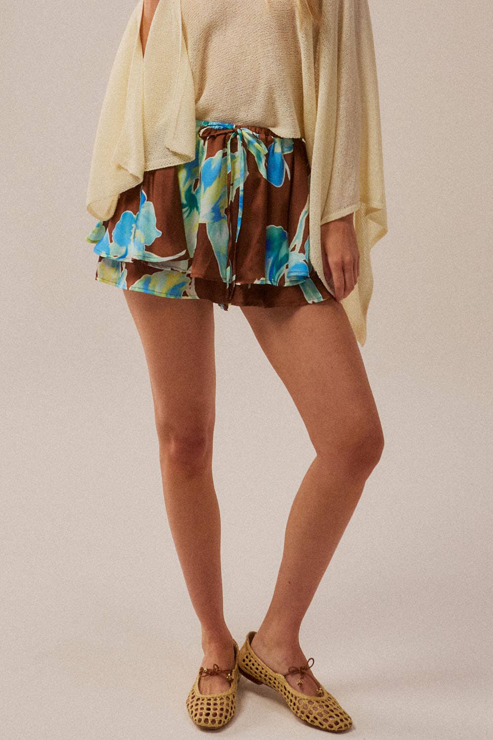 Floral-Print Satin Gathered Drawstring Mini Skort