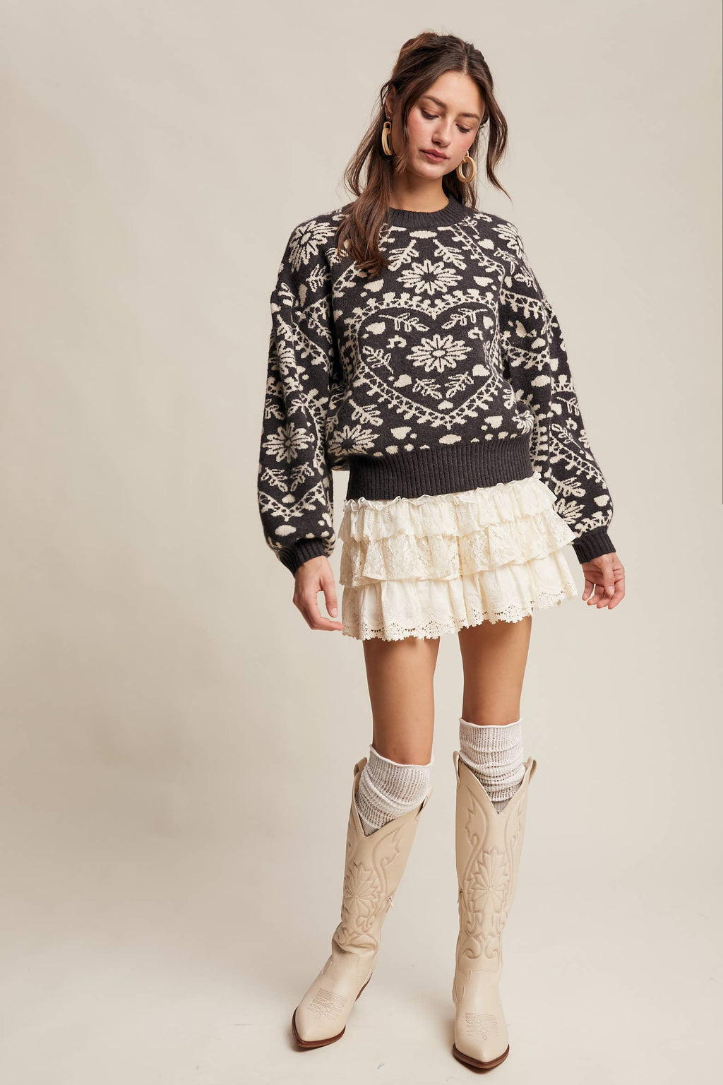 Heart Jacquard Knit Sweater: Charcoal