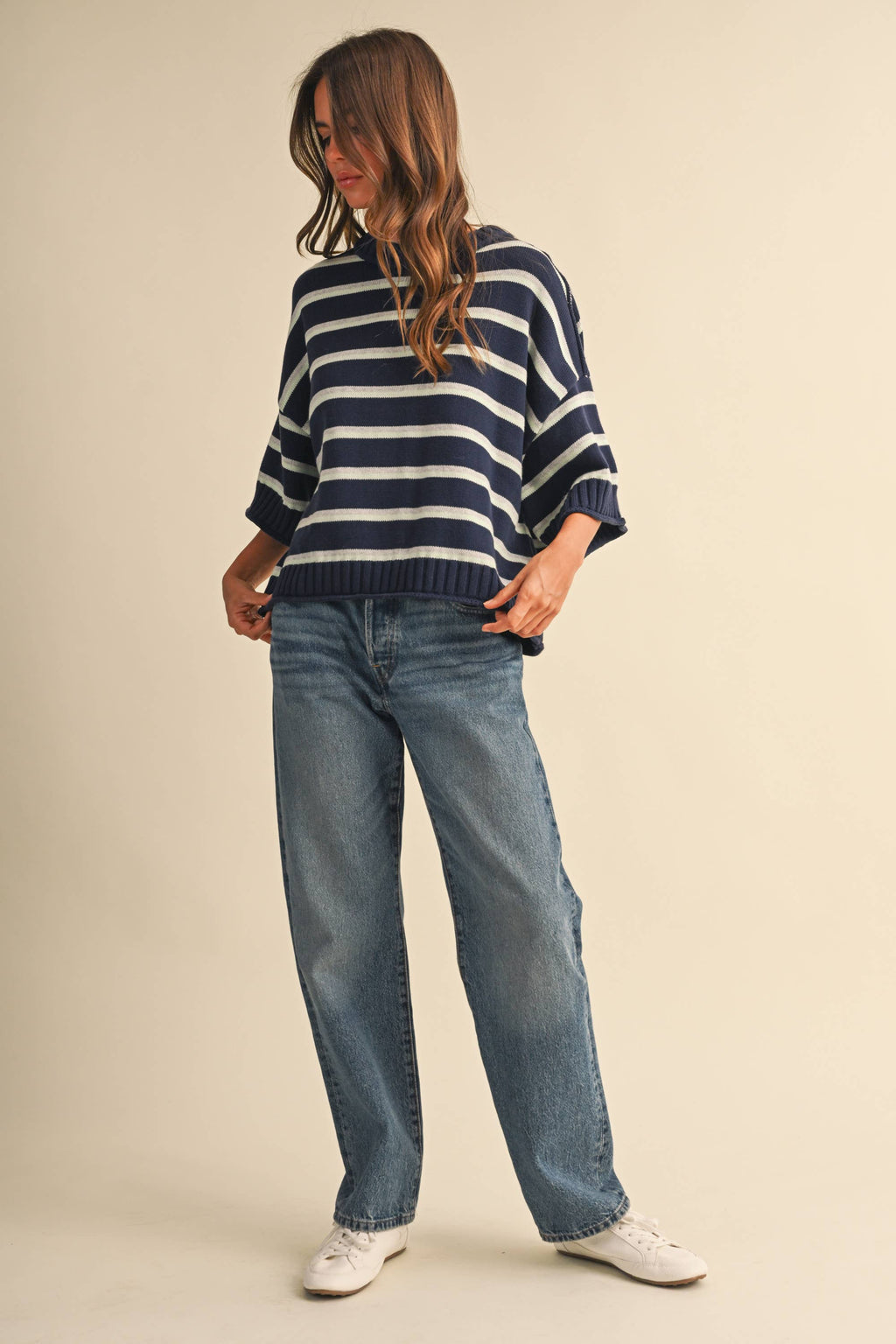 STRIPED HALF SLEEVE SWEATER RELAXED FIT CROPPED TOP