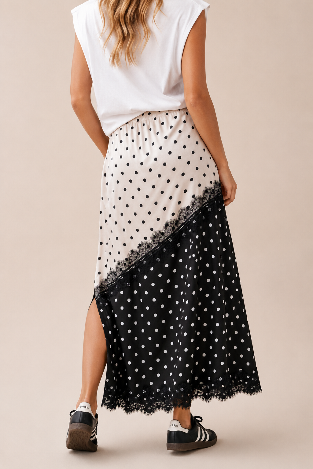 Asymmetrical Polka Dot Lace Maxi Skirt