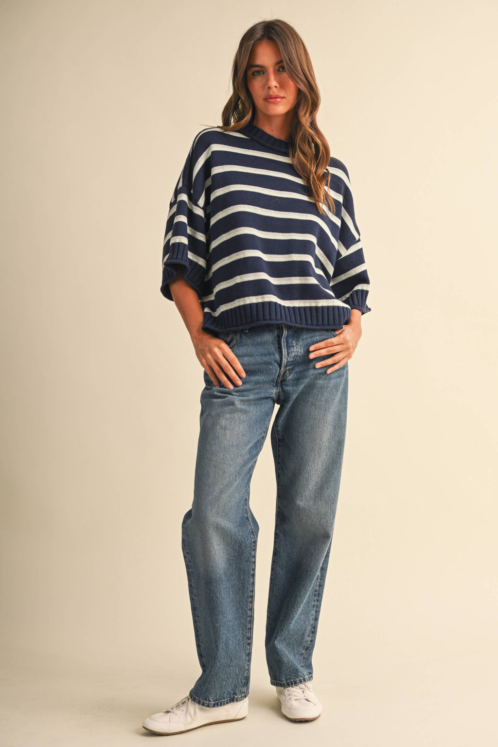 STRIPED HALF SLEEVE SWEATER RELAXED FIT CROPPED TOP