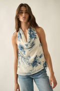 Floral Chiffon Cowl-Neck Open-Back Halter Blouse